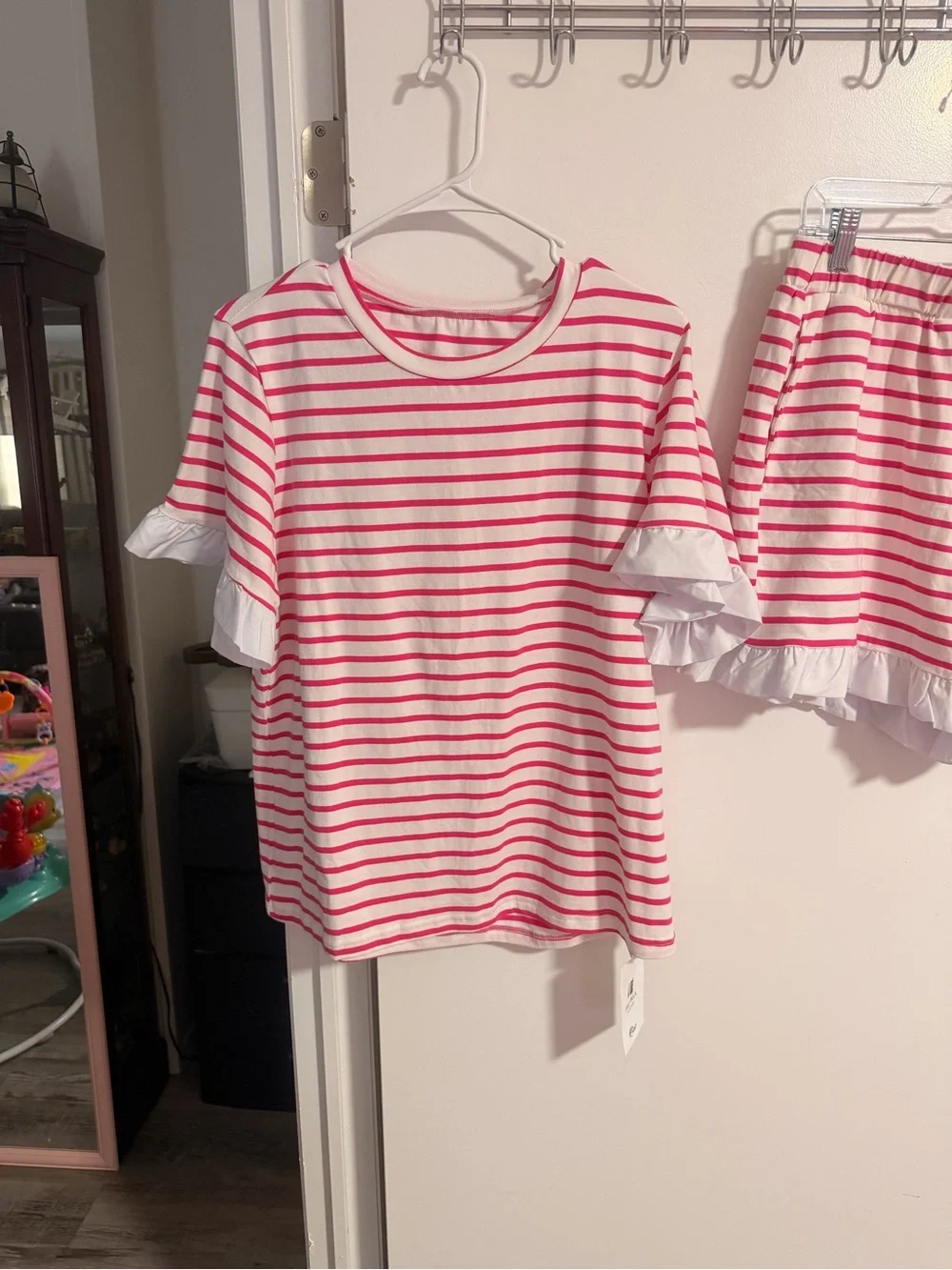 Amazon Pink & White Stripe Ruffle Short Sleeve Top and Shorts with Pockets Set